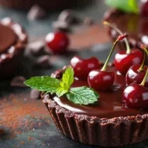 Fotografia de mini tortas individuais de Biscoito Wafer NESTLÉ CLASSIC cobertos por creme de Chocolate NESTLÉ CLASSIC Meio Amargo e NESTLÉ Creme de Leite, decorada com cerejas. As tortinhas estão sobre uma mesa preta e polvilhadas com cacau em pó.