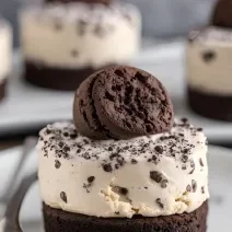 Fotografia mostra uma torta com uma base de biscoito de chocolate, sobre ela um creme branco com pedaços de biscoitos de chocolate e dois cookies de chocolate no topo para decorar.