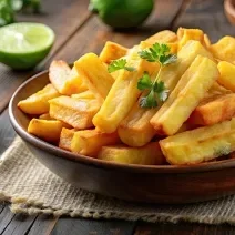 Fotografia em tons de amarelo com um prato fundo marrom ao centro. Em cima do prato existe uma porção de mandioca feita na Air Fryer cobertas com ramos de salsinha. Ao fundo existe algumas fatias de limão