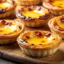 Fotografia em tons de amarelo com uma tábua de madeira ao centro. Em cima da tábua existe vários pastéis de nata caramelizados e dourados feitos na Air Fryer