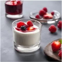 Fotografia de um recipiente de vidro pequeno com mousse de chocolate branco e um pouco de calda de frutas vermelhas por cima. O recipiente está sobre uma mesa de cimento queimado, ao lado de algumas frutas vermelhas.