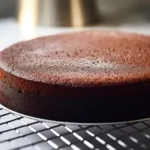 Fotografia de um bolo de cacau feito em forma redonda sem furo central. O bolo está sobre uma grade preta.