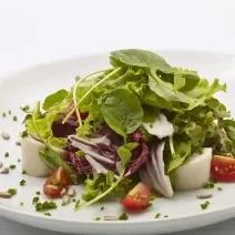Fotografia de uma salada de agrião, tomate cereja e palmito temperados com vinagrete. A salada está em um prato branco fundo, com algumas sementes e cebolinha.