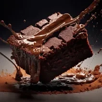 Fotografia de uma fatia de brownie com um pouco de chocolate derretido por cima e cacau em pó.