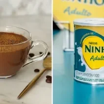 Foto dividida ao meio, na esquerda há uma xícara com a bebida de café gelado e à direita uma lata de ninho leite em pó adulto