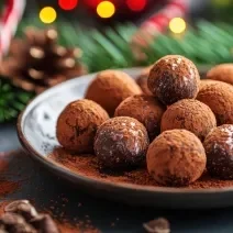 Fotografia mostra trufas de chocolate meio amargo com amêndoas, enroladas no cacau em pó.