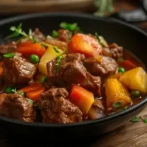 Fotografia mostra um prato com carne, cenoura e batata picadas. A carne parece suculenta devido ao molho que compõe o prato.