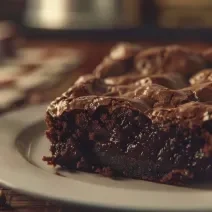 Fotografia de um pedaço de brownie de chocolate em um prato pequeno, branco de vidro raso. O prato está sobre uma mesa de madeira. Ao lado do prato tem uma xícara de tom claro.