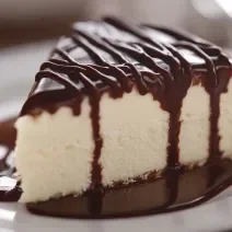 Fotografia mostra uma fatia de torta sorvete com camadas bem definidas de ganache de chocolate e sorvete cremoso.