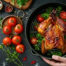 Fotografia em tons de vermelho com um cesto de air fryer ao centro. Dentro do cesto existe uma receita de frango assado acompanhada de folhas e tomates