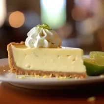 A fotografia mostra uma tortinha de limão deliciosa, com uma camada dourada e crocante de biscoito de maisena na base. O recheio é cremoso, de cor suave e levemente amarelado, decorado com chantilly.