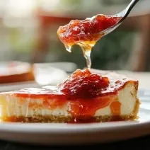 Fotografia de uma fatia de cheesecake sobre um prato de vidro branco raso. Por cima da fatia tem uma geleia de cupuaçu sendo jogada e caindo de uma colher de sopa.