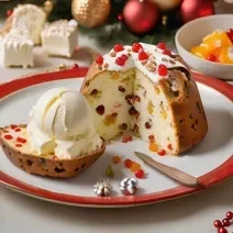 Receita de Panettone Encantado com Sorvete Gelado, servido em fatias, coberto com sorvete de creme, decorado com chantilly, frutas secas e polvilha com açúcar, tudo sobre uma mesa natalina