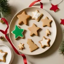 Fotografia em tons de vermelho e verde com um prato branco ao centro. Dentro do prato existe uma receita de biscoitos natalinos em formato de estrelinhas.