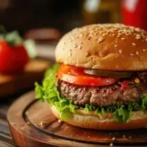 Fotografia em tons mais escuros de um hambúrguer com carne bovina, tomate, alface, pão com gergelim e cebola, e está sobre uma tábua de madeira. Ao fundo tem uma outra tábua de madeira com alguns tomates inteiros.