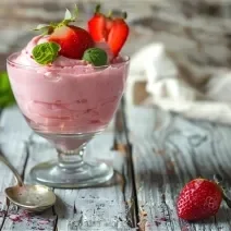 Fotografia em tons de cinza com uma taça de vidro ao centro. Em cima da taça existe uma receita de mousse de morango de cor rosa com vários morangos cortados por cima