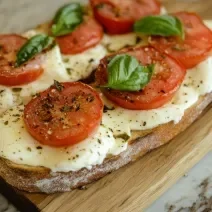 Fotografia em tons de branco com uma tábua de mandeira ao centro. Em cima da tábua existe duas fatias de pão italiano comqueijo, tomate e manjericão feitas na Air Fryer