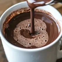 Fotografia de uma xícara branca com chocolate quente, sobre uma mesa de madeira.