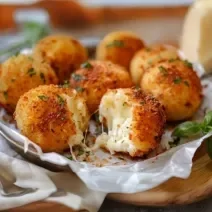 Fotografia em tons de branco com uma panelinha prateada ao centro. Em cima da panela existe 8 bolinhos de arroz feitos de risoto chamados "arancini" feitos na air fryer e recheados com queijo mussarela