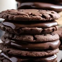 Fotografia mostra um sanduiche de cookies sabor de chocolate com gotas de chocolate recheado com uma ganache de chocolate brilhante e cremosa.