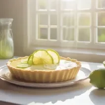 Fotografia de uma torta de limão com base de aveia, avelã e cacau. No meio do creme da torta tem algumas fatias finas de limão. A torta está em um prato grande branco decorativo, que está sobre uma mesa de madeira, ao redor tem limões inteiros.