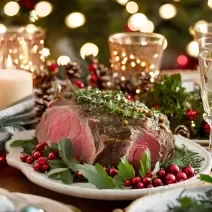 Foto da receita de pernil de cordeiro coberto com molho de hortelã sobre uma mesa inteira decorada com adornos natalinos