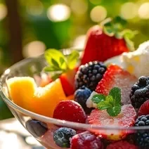 Fotografia de um recipiente de vidro fundo com uma salada de frutas e sorvete de creme. O recipiente está sobre uma mesa de madeira com árvores no fundo.