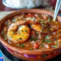 Foto aproximada de uma panela de barro com a receita de moqueca de camarão dentro, bem avermelhada no molho, com camarões à vista, coentro picado e uma concha dentro