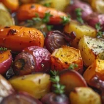 Fotografia de vários legumes em pedaços assados e temperados juntos.