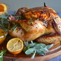 Fotografia de um frango inteiro assado com mel e laranja sobre uma tábua de madeira redonda. Por cima da tábua tem alguns ramos de tomilho, laranjas na metade e um molho laranja dentro de um recipiente de vidro pequeno.