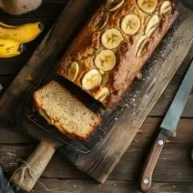 Fotografia vista de cima de um bolo de banana assado em forma retangular pequena. O bolo está apoiado em uma grade e sobre uma tábua de madeira escura. Ao redor tem algumas bananas com casca, fatias do bolo já cortado e uma faca.