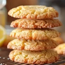 Fotografia de cinco cookies de limão empilhados, sobre uma grade. No fundo tem alguns limões e mais cookies do mesmo sabor.