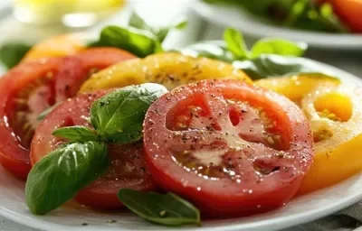 Fotografia em tons de vermelho em uma bancada de madeira de cor marrom. Ao centro, um prato branco contendo fatias de tomate e ao lado, um pano azul quadriculado.