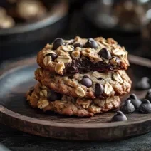 Fotografia de três unidades de cookies de banana com aveia e chocolate dentro de um recipiente raso, junto com gotas de chocolate, de cor marrom escuro. Ao lado do recipiente tem duas bananas inteiras.