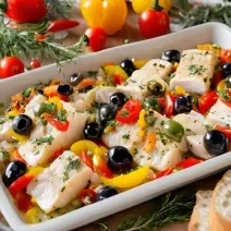 Receita de Aperitivo Natalino de Bacalhau, feito com bacalhau em pedaços, pimentões, azeitonas, servido em uma mesa de natal toda decorada