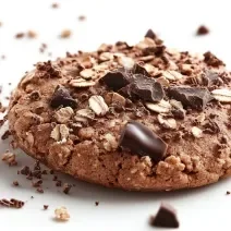 Fotografia de um cookie tradicional integral com castanha, aveia e pedaços de chocolate por cima e espalhado ao redor. O cookie está sobre uma mesa branca.