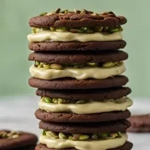 Fotografia mostra uma pilha de cookies de chocolates recheados com um creme esverdeado e pistache.