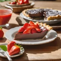 Fotografia de uma fatia de torta de chocolate com calda de morango por cima. a torta está em um prato de vidro branco pequeno, o qual está sobre uma mesa de madeira. Ao redor da torta tem um pote pequeno de vidro com calda de morango e morangos.