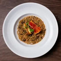 Fotografia em tons de marrom e branco com um prato branco ao centro. Dentro do prato existe uma porção de risoto feito com aveia. Por cima existe fatias de cogumelos grelhados, chips de presunto cru e broto de agrião.