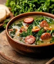 Receitas de Inverno: Simples, Aconchegantes e Deliciosas Fotografia de um recipiente marrom com um caldinho com calabresa e couve.