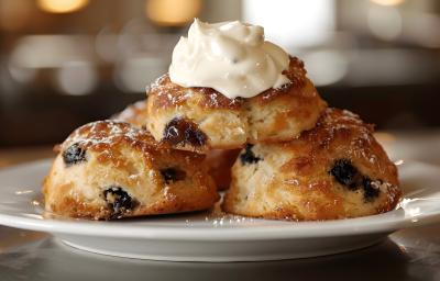 Fotografia em tons de marrom claro com um prato branco com  centro. Em cima do prato existe 4 scones cobertos com um creme branco de limão. Cada scone está polvilhado com açúcar de confeiteiro