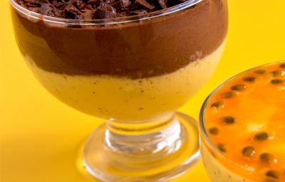 Fotografia de uma camada de ganache de chocolate sobre uma mousse de maracujá dentro de uma taça decorativa pequena. Por cima tem raspas de chocolate, e a taça está sobre uma mesa amarela. Fotografia de uma camada de ganache de chocolate sobre uma mousse de maracujá dentro de uma taça decorativa pequena. Por cima tem raspas de chocolate, e a taça está sobre uma mesa amarela.