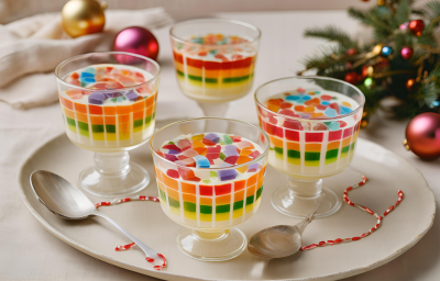 Receita de Gelatina Arco-Íris de Natal, tradicional e colorida, feita com gelatinas diferentes, Leite MOÇA e NESTLÉ Creme de Leite, servida em taças transparentes em uma mesa decorada para o natal