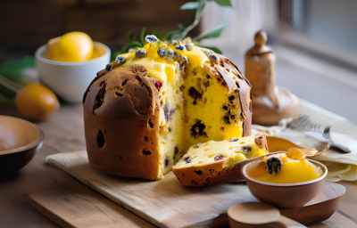 Fotografia em tons de dourado com um panetone ao centro. Por cima e ao centro do panettone existe uma ganache e maracujá