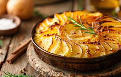 Fotografia de uma travessa redonda com batatas em fatias gratinadas no forno, sobre um apoio de madeira, também apoiado em uma mesa de madeira.