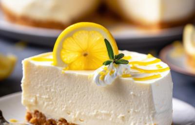 Fotografia de uma torta de limão siciliano com base de biscoito passatempo. Por cima da torta tem raspas e uma fatia de limão siciliano, ao lado de um pouco de creme tipo chantilly.