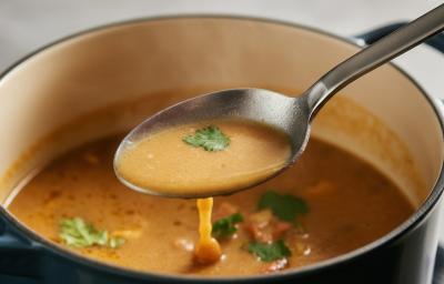 Fotografia de uma panela média de cor escura com a parte de dentro branca. Dentro da panela tem uma receita de caldo de ovo com algumas folhas de coentro. Sobre a panela tem uma colher de sopa carregando um pouco de caldo. Fotografia de uma panela média de cor escura com a parte de dentro branca. Dentro da panela tem uma receita de caldo de ovo com algumas folhas de coentro. Sobre a panela tem uma colher de sopa carregando um pouco de caldo.