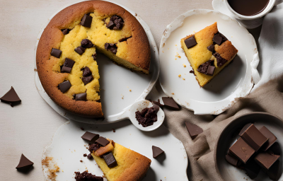 Fotografia mostra uma mesa posta com um bolo de fubá com pedaços chocolate.