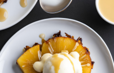 Fotografia vista de cima de fatias de abacaxi caramelizado com uma bola de sorvete de creme e chocolate branco derretido, sobre um prato branco. Ao lado tem outro prato com a mesma sobremesa e pote pequeno branco com galak derretido.