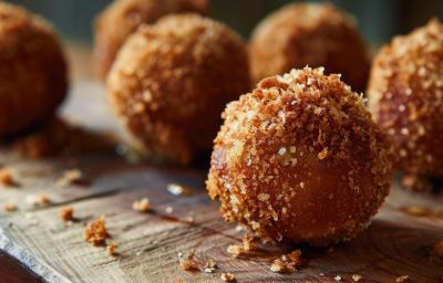 Fotografia em tons de marrom e caramelo com uma tábua ao centro. Em cima da tábua existe 6 pequenas bolinhas empanadas em uma farinha crocante e tostadas